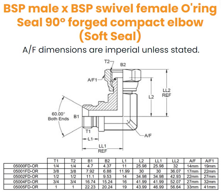 1/4 BSP M/F 90° Forged Elbow Soft Seat ORing on Fem Hydraulic Adaptor